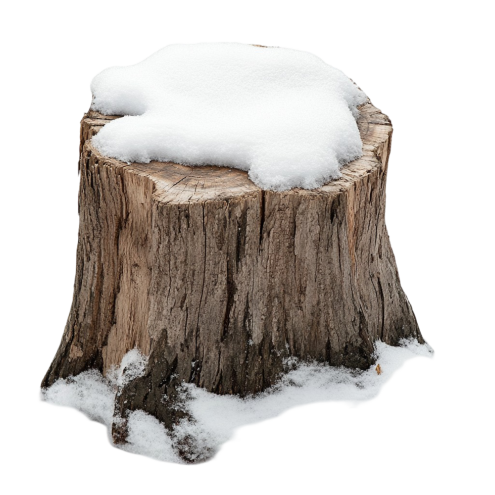 Tree stump covered with white snow and rough bark edges png