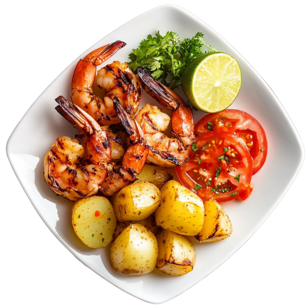 Grilled shrimp with roasted potatoes and vegetables png