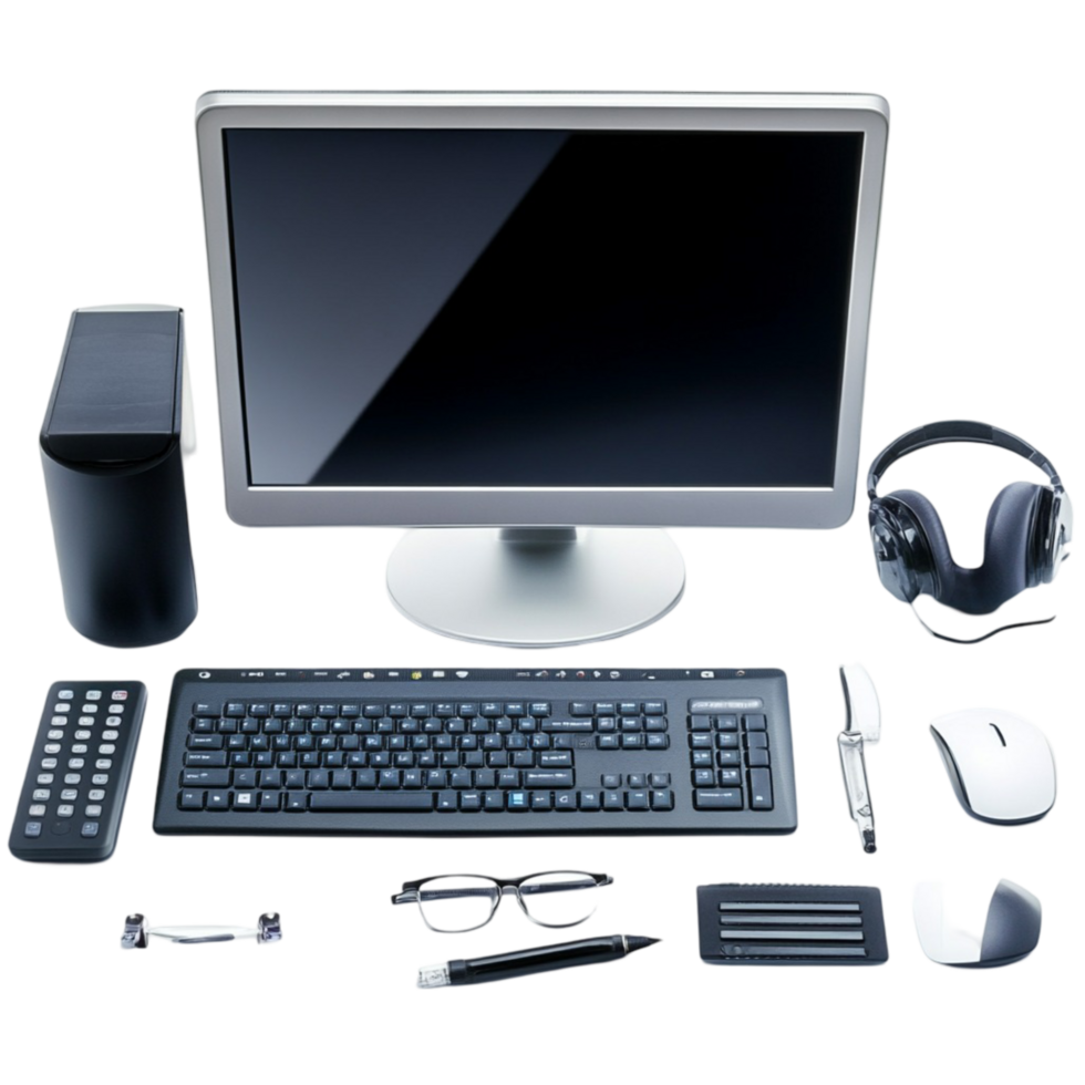 Desktop computer setup with accessories neatly arranged png