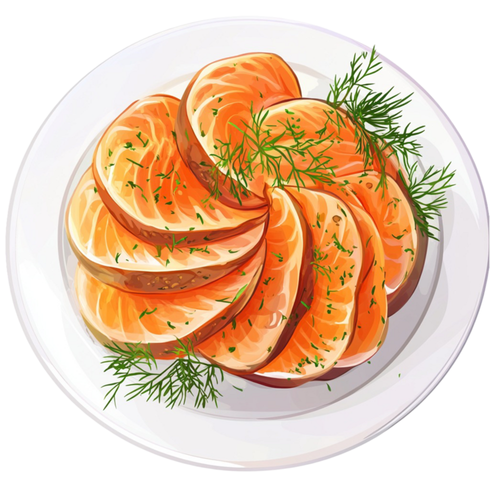Plate of thinly sliced salmon garnished with herbs png