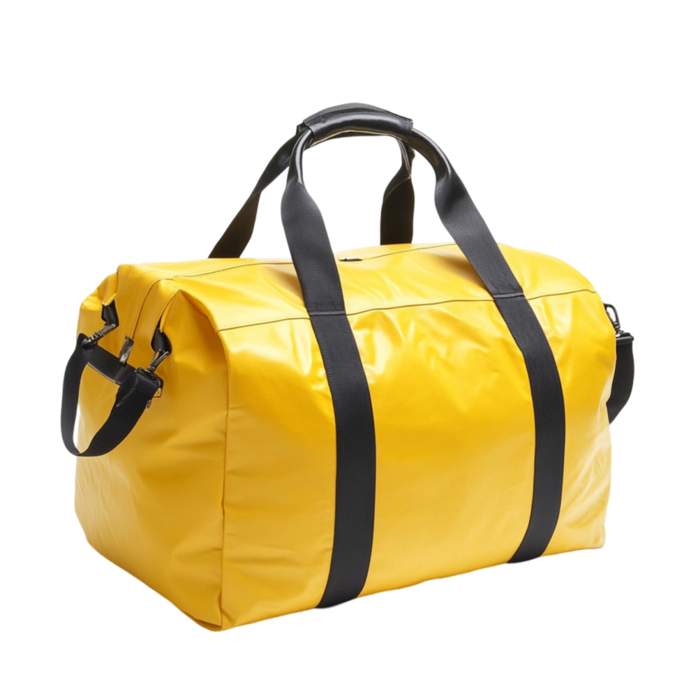 yellow duffel bag with black straps and zipper closure png