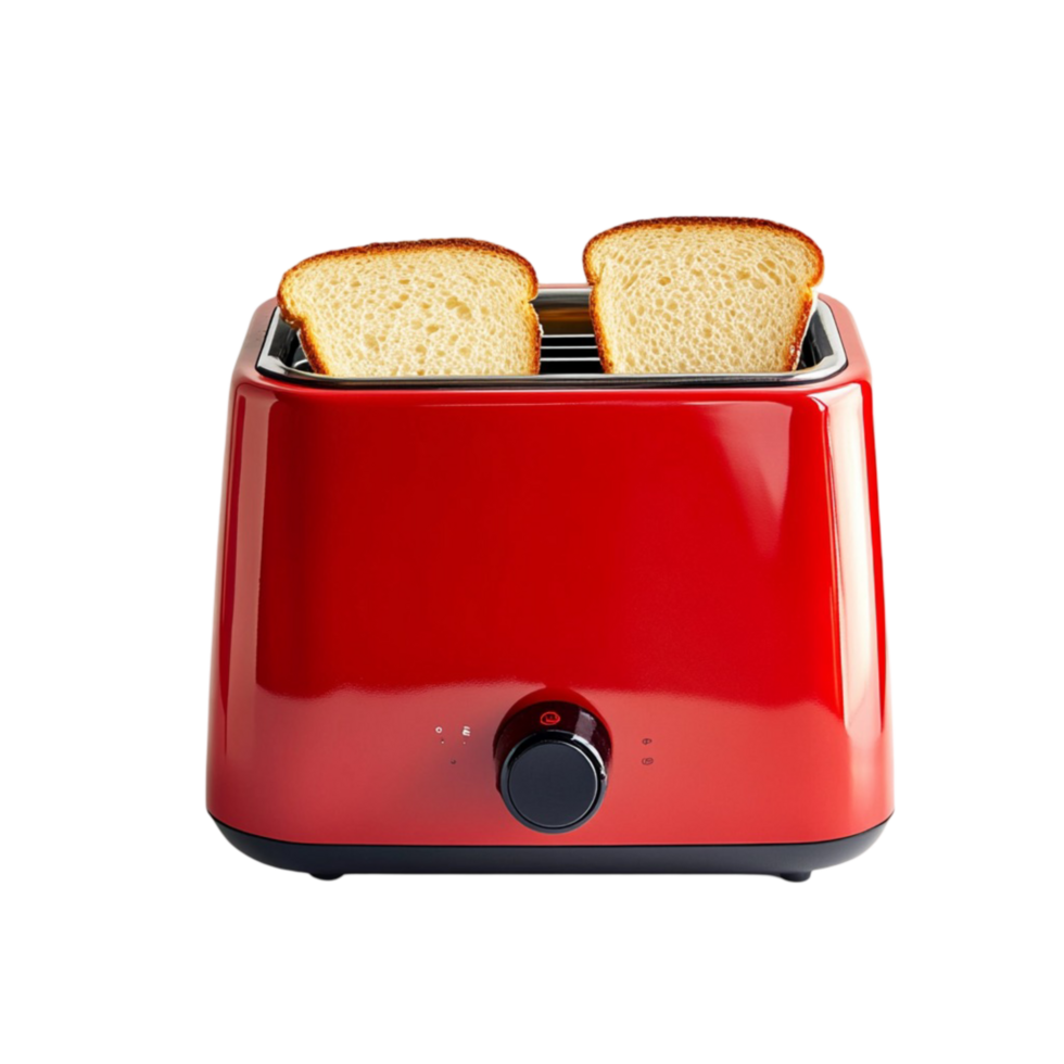 Red toaster with two slices of golden brown toasted bread png