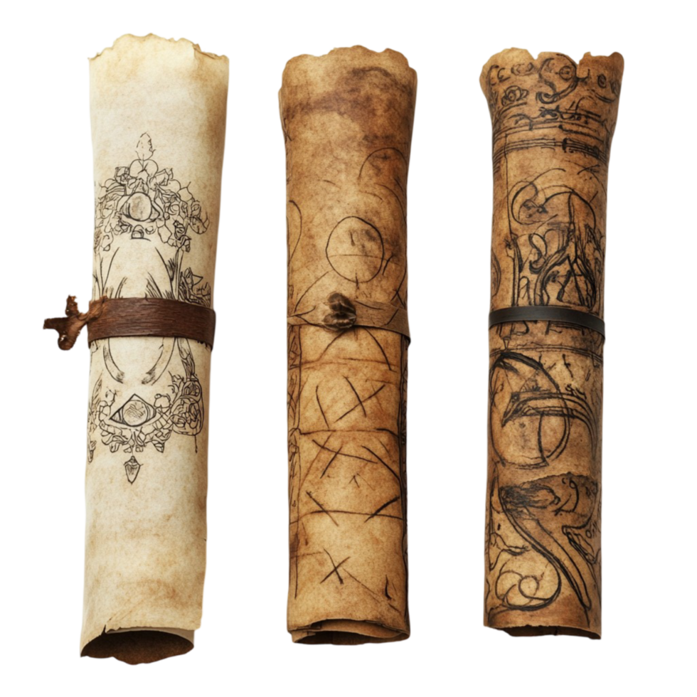 Three aged and weathered treasure maps tied with straps png
