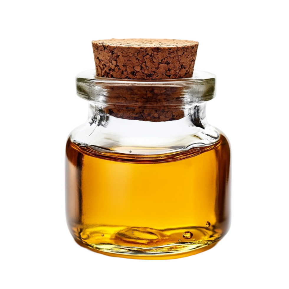 Small glass jar filled with golden honey and sealed with a cork lid png
