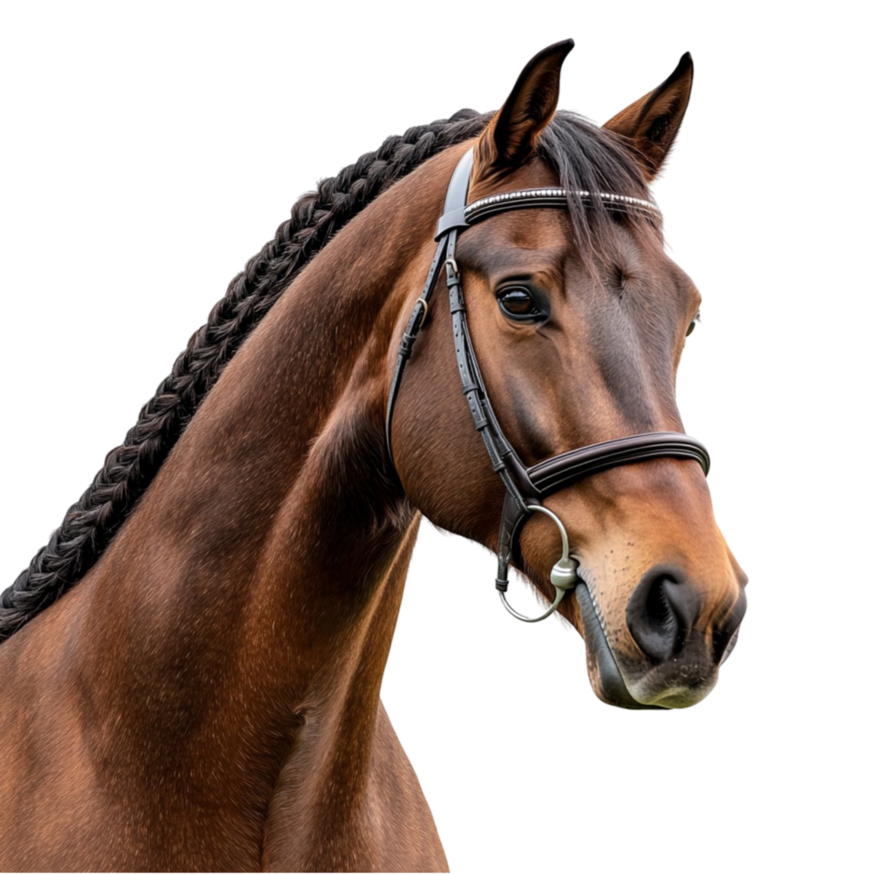 Beautiful brown horse with a black bridle and braided mane png