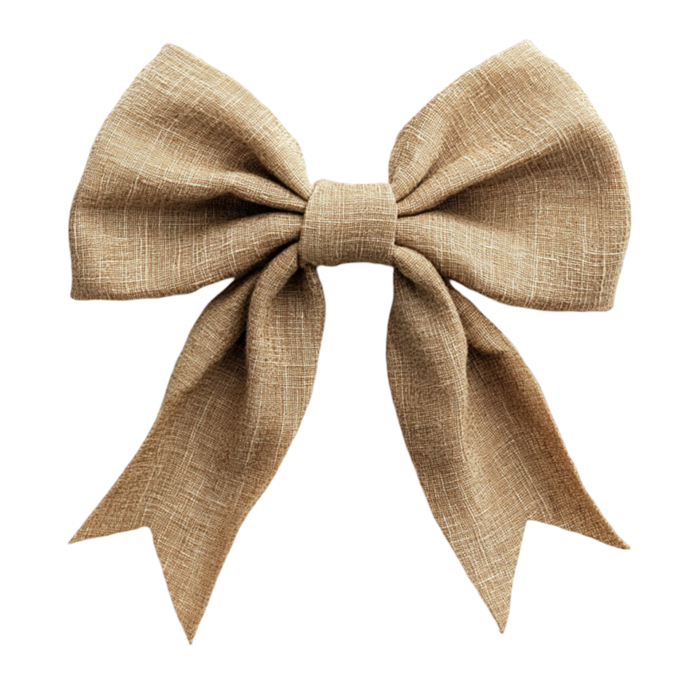 Rustic burlap bow with a neatly tied symmetrical shape and texture png