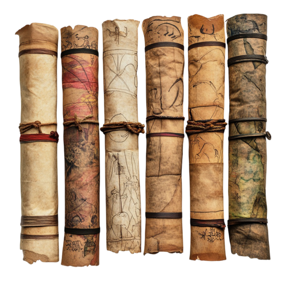 Set of ancient rolled parchment scrolls with detailed maps png