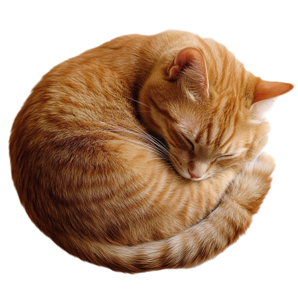 Ginger cat curled up in a tight circle with its tail wrapped around its body png
