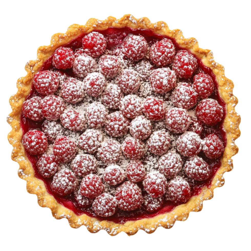 raspberry tart with powdered sugar on a golden crust png
