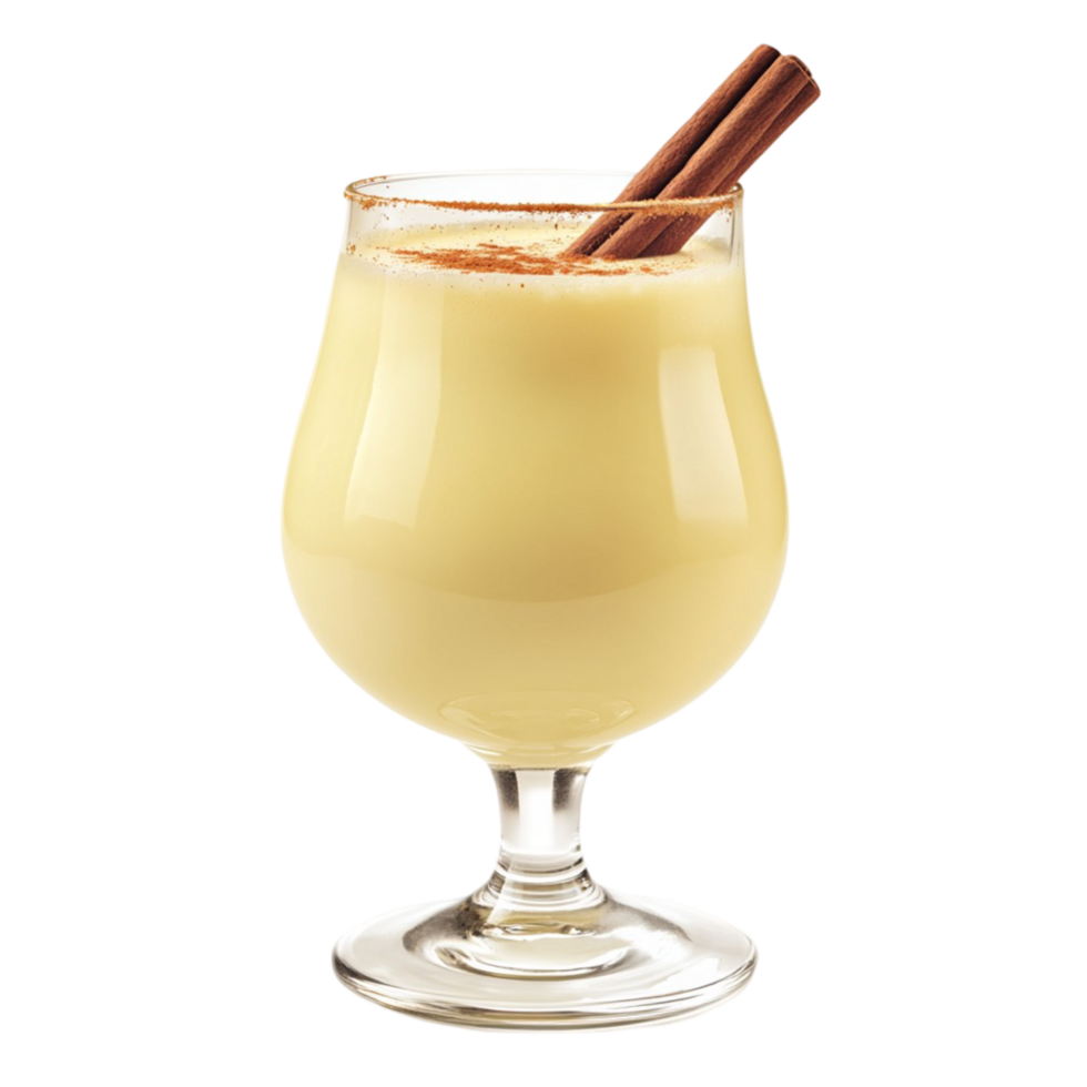 Glass of eggnog with a cinnamon stick and a creamy yellow texture png