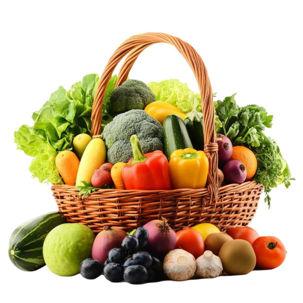 Wicker basket filled with colorful fruits and vegetables png