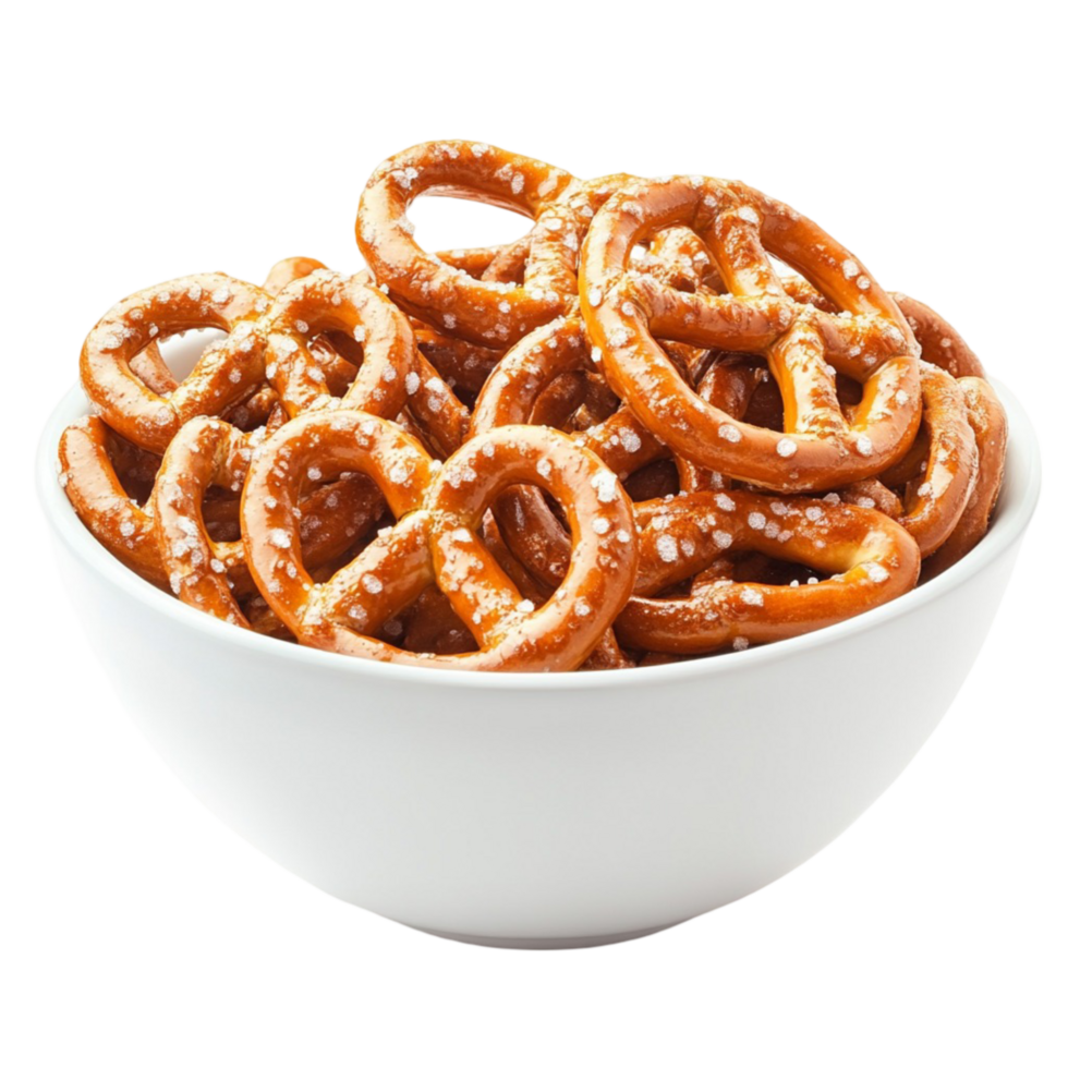 White ceramic bowl filled with crunchy salted pretzels png
