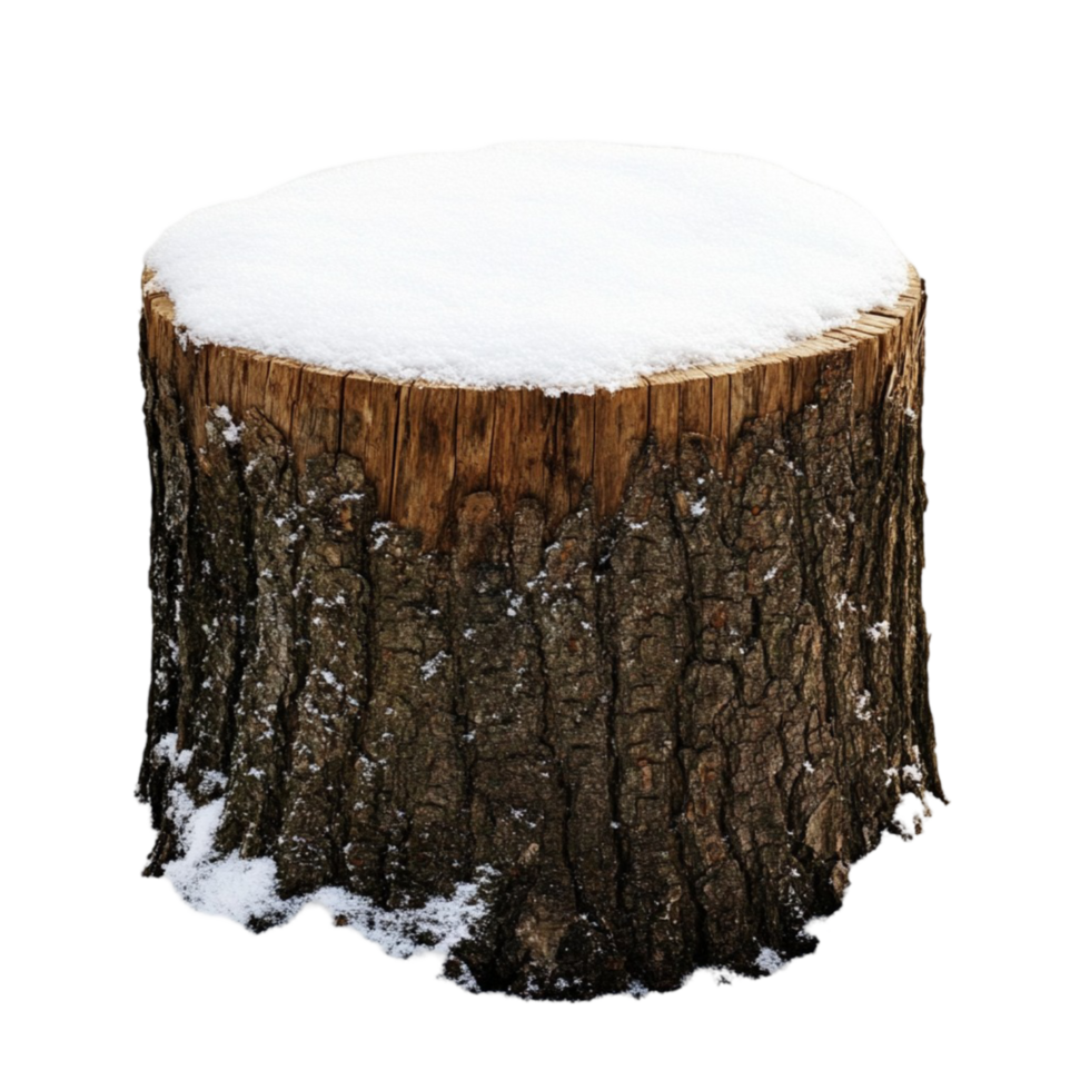 Tree stump covered in snow with rough textured bark png