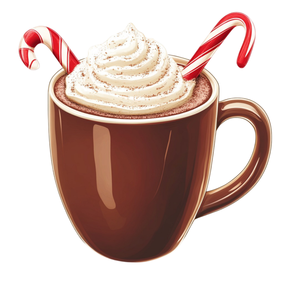 Hot chocolate in a brown mug topped with whipped cream and candy canes png