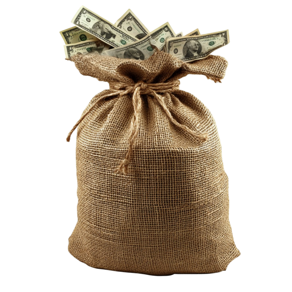 Burlap sack filled with cash overflowing from the top png