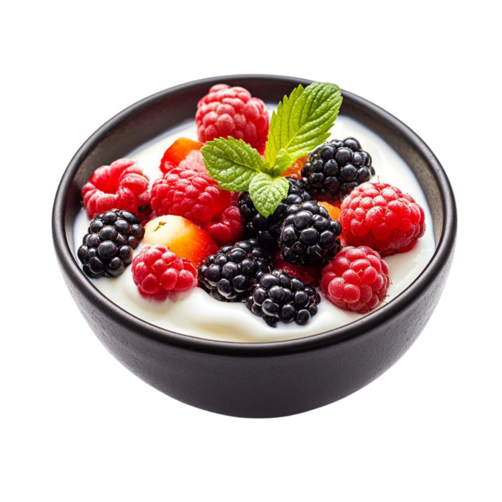 Black bowl filled with yogurt and an assortment of berries png