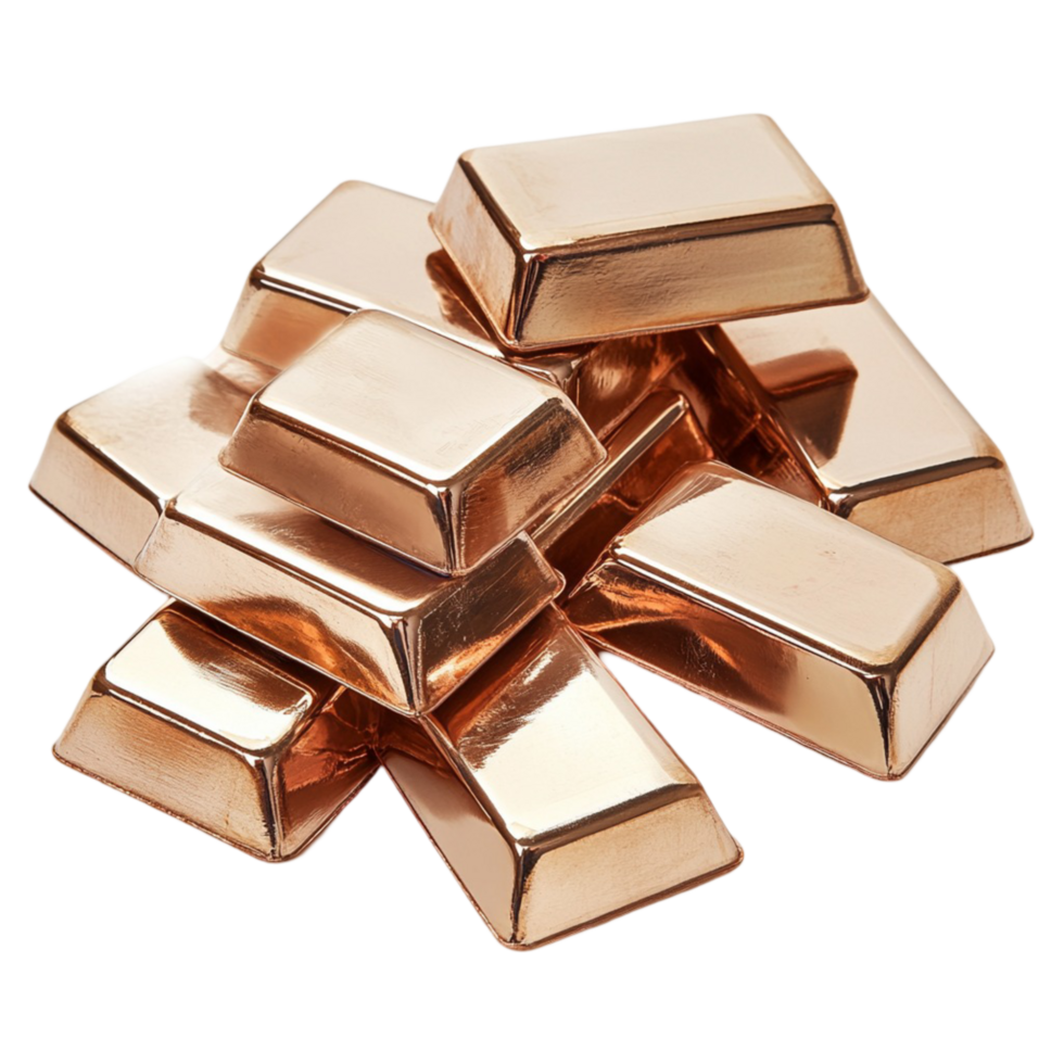 Shiny gold bars stacked in a pile with a polished reflective surface png