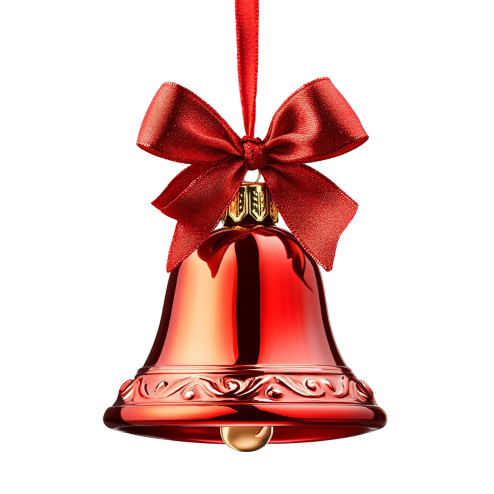 Shiny red Christmas bell with an bow hanging from a string png