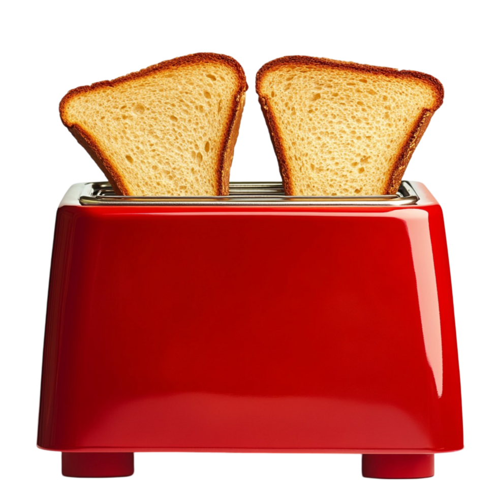 Red toaster with two golden slices of bread popping out png