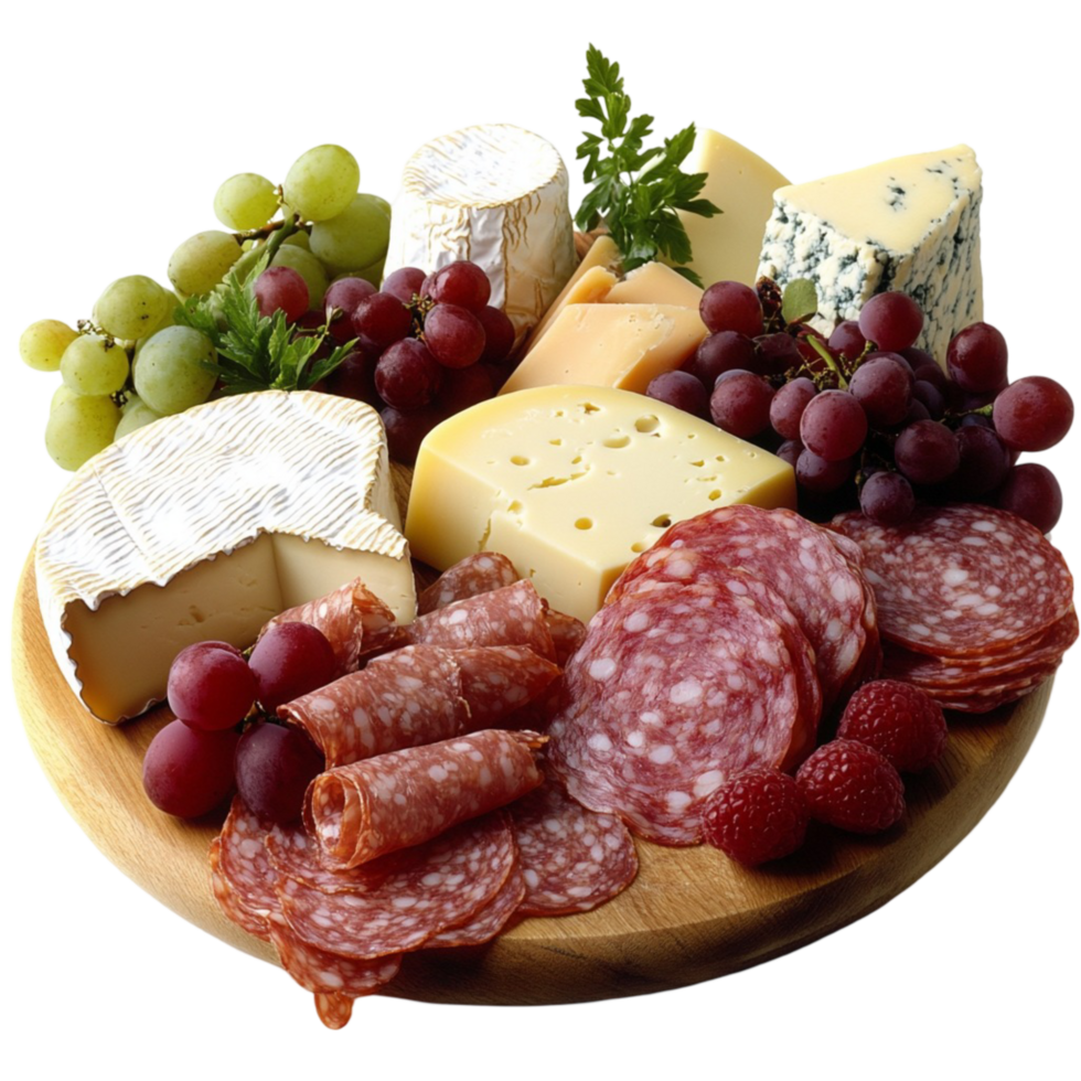 Wooden cheese and charcuterie board with grapes and cured meats png
