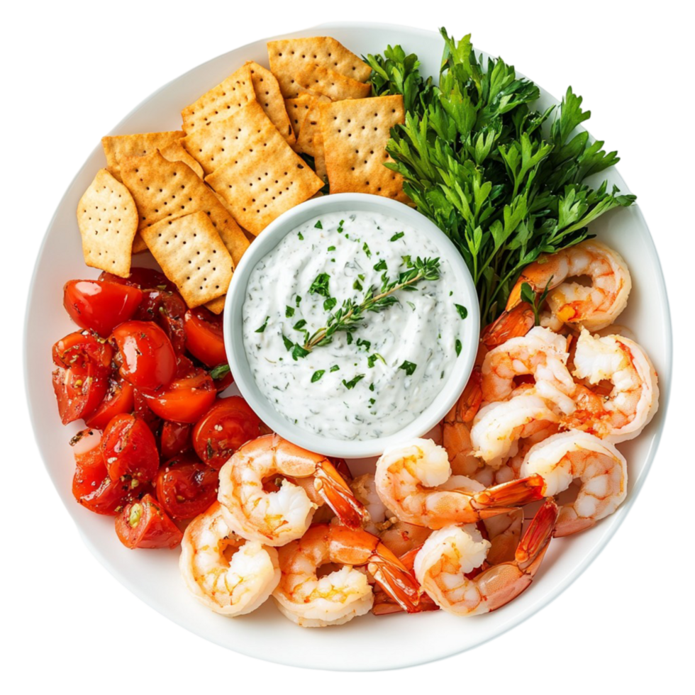seafood platter with shrimp crackers and creamy dipping sauce png