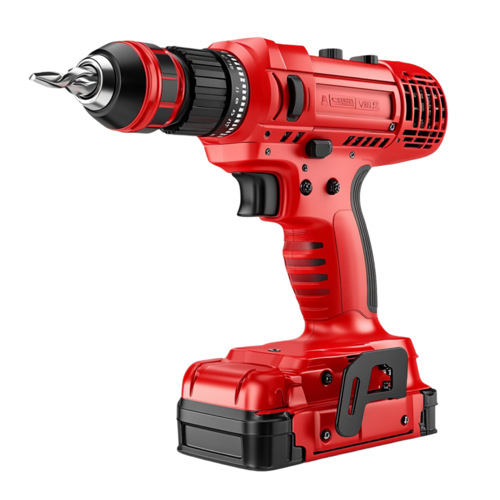 Powerful red cordless drill with a black rubber grip png