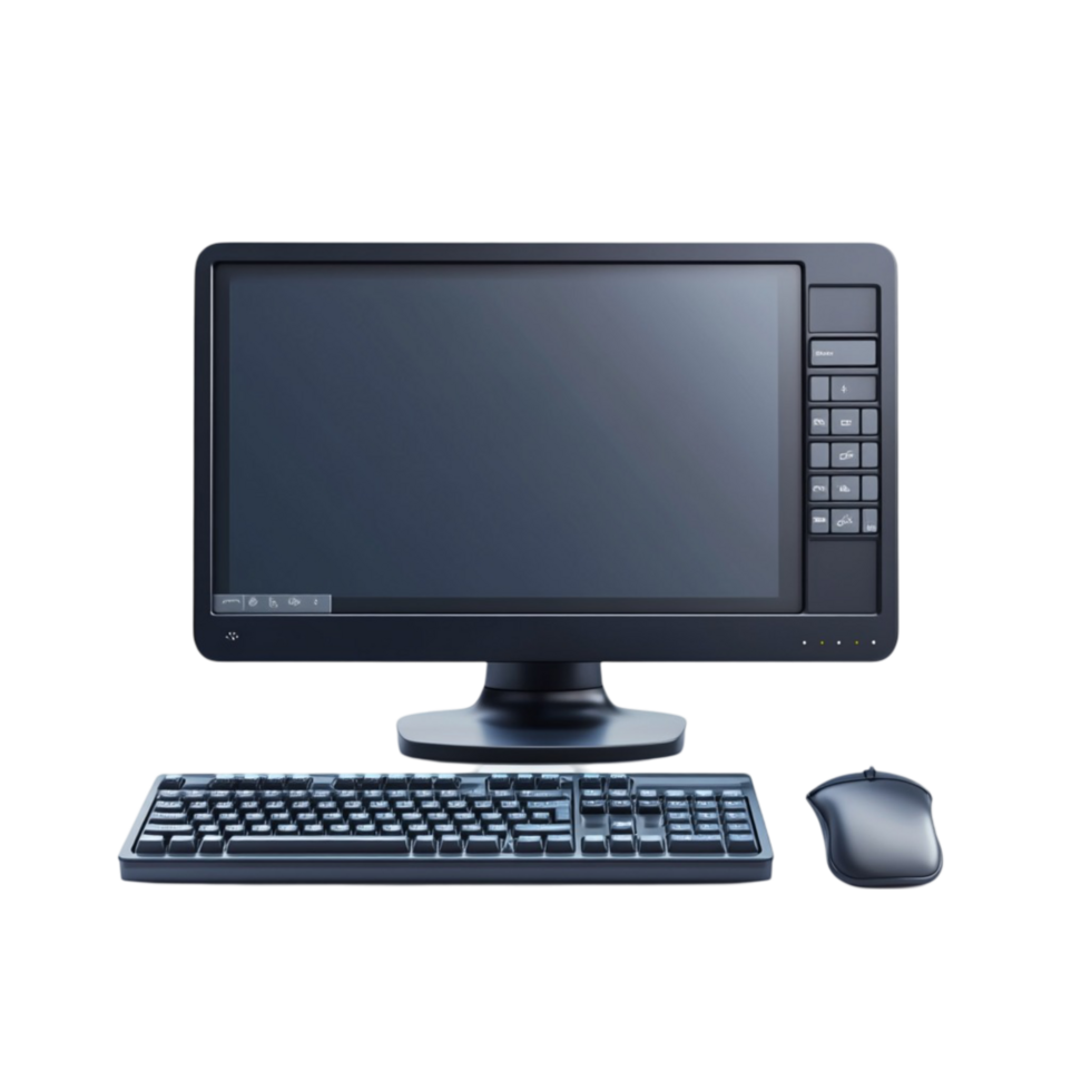 Desktop computer with a widescreen monitor keyboard and a black mouse png