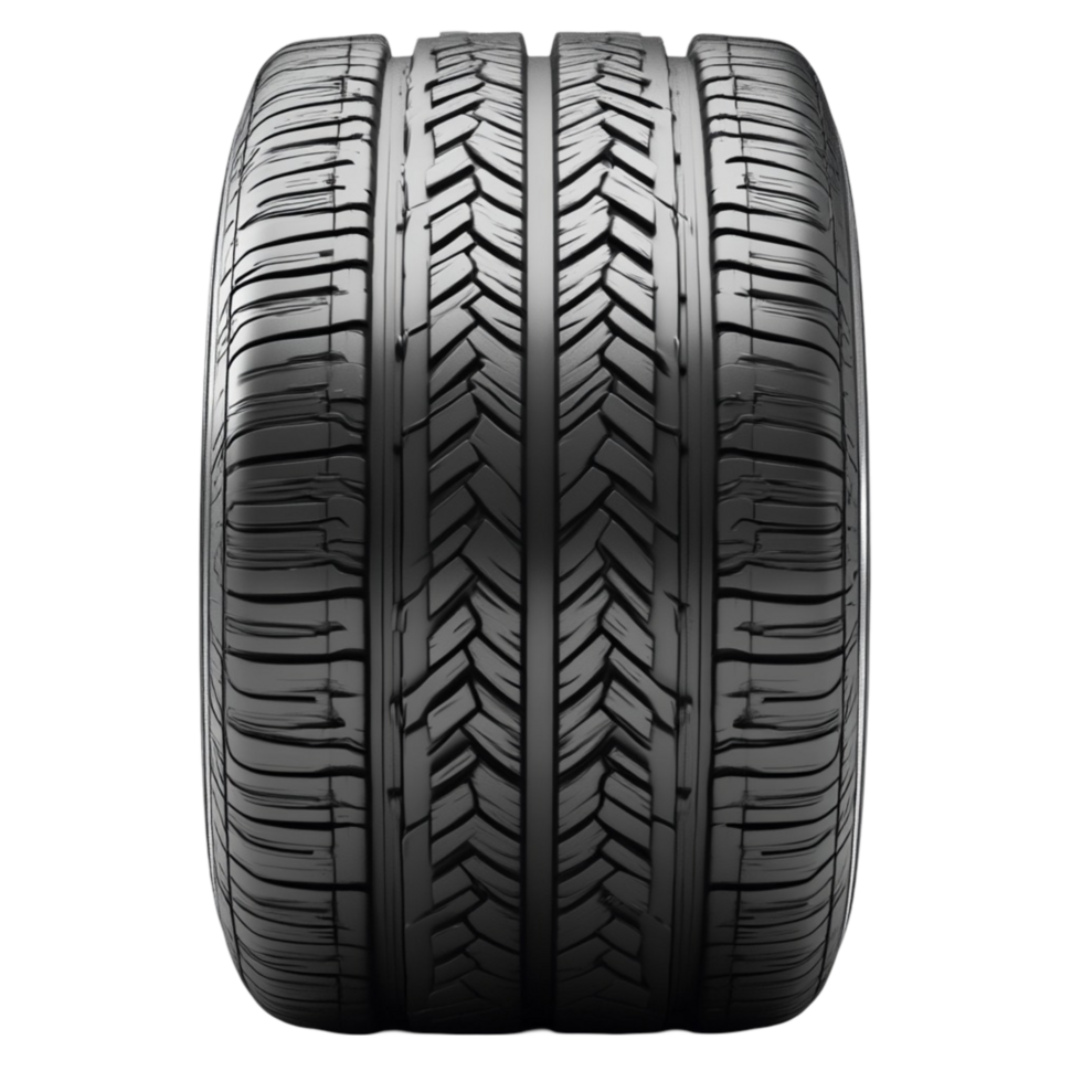 Thick black car tire with deep tread patterns and a rugged surface png