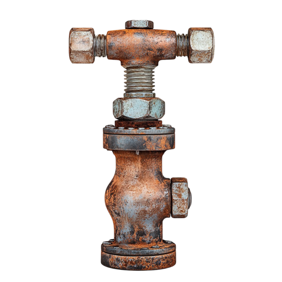 Rusty old metal pipe fitting with corroded bolts and a rough surface png