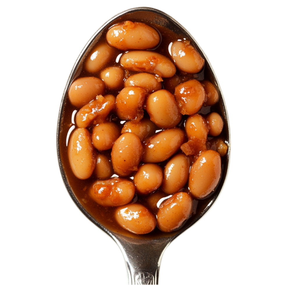 Silver spoon filled with baked beans covered in sauce png