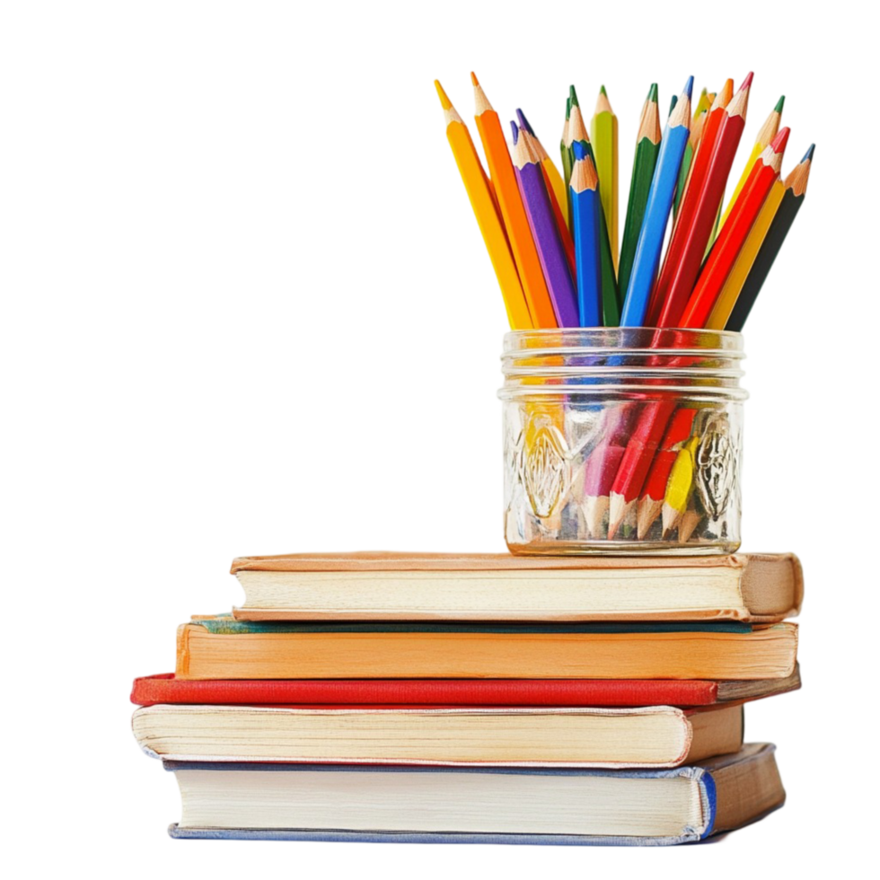 Stack of books with a glass jar filled with colorful pencils on top png