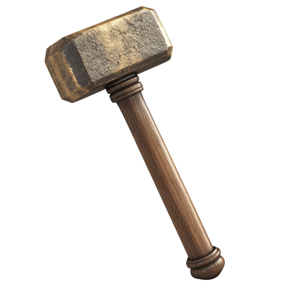 Heavy wooden sledgehammer with a worn metal head png