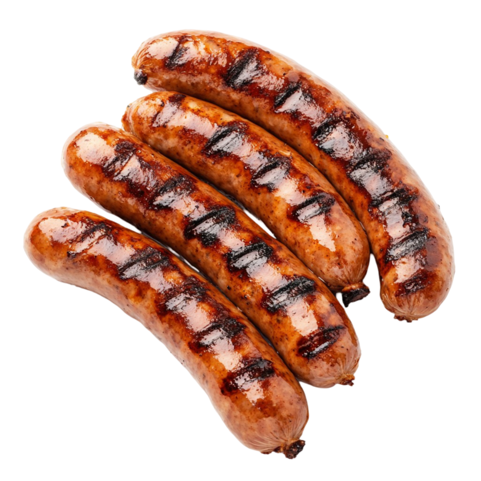 Four grilled sausages with rk grill marks png