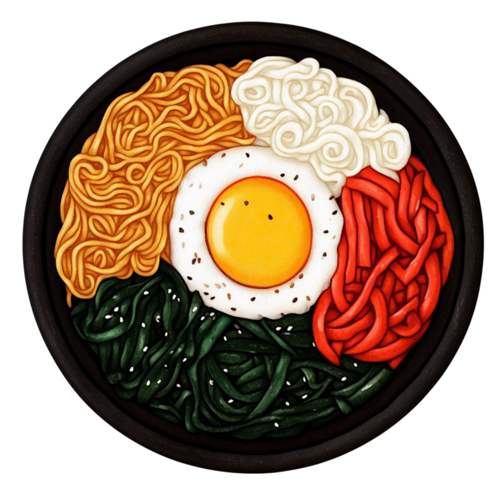 Black bowl filled with bibimbap topped with a sunny side up egg png