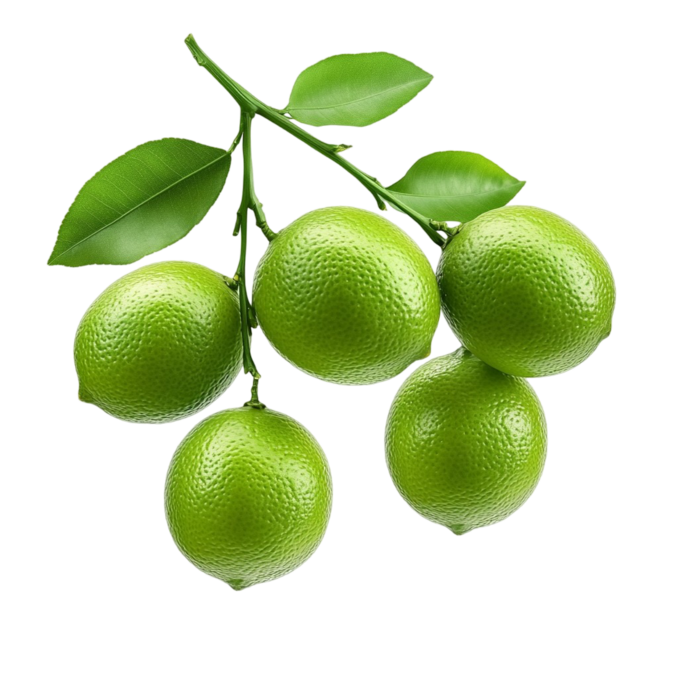 green limes hanging from a leafy branch png