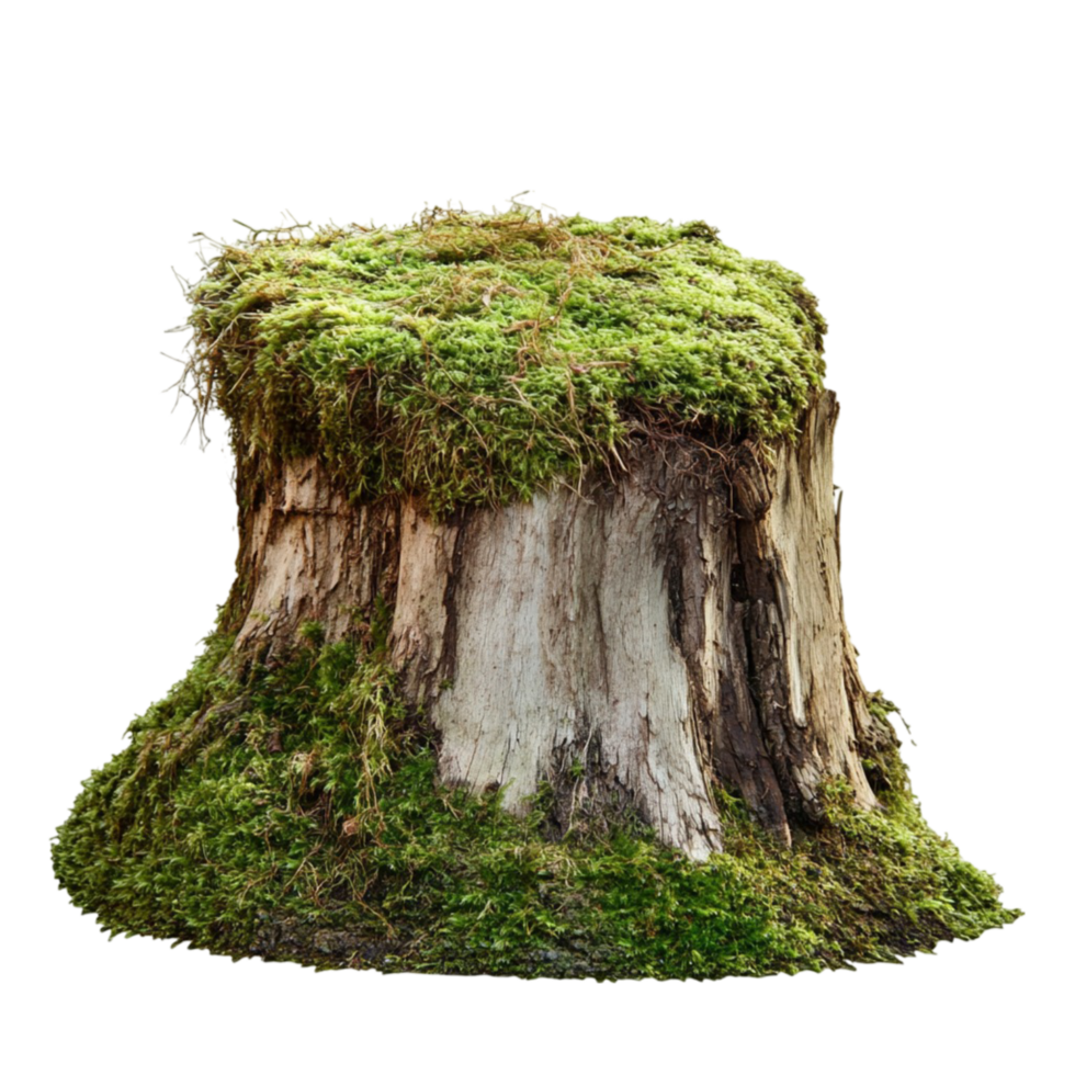 Old tree stump covered in green moss with rough bark png