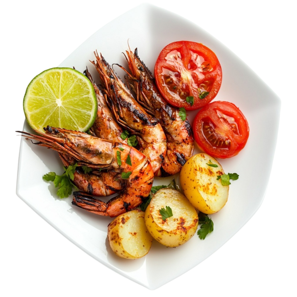 Grilled shrimp with roasted potatoes tomatoes and lime on a white plate png