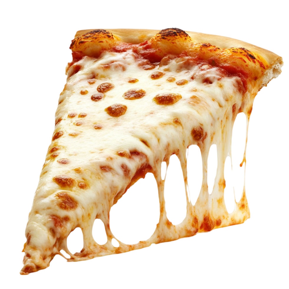 Slice of cheesy pizza with melted mozzarella stretching from the crust png