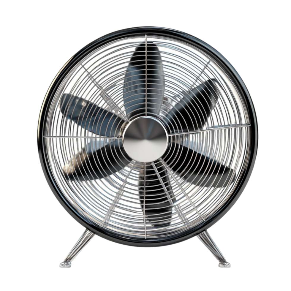 Metal floor fan with five black blades and a protective wire cage png