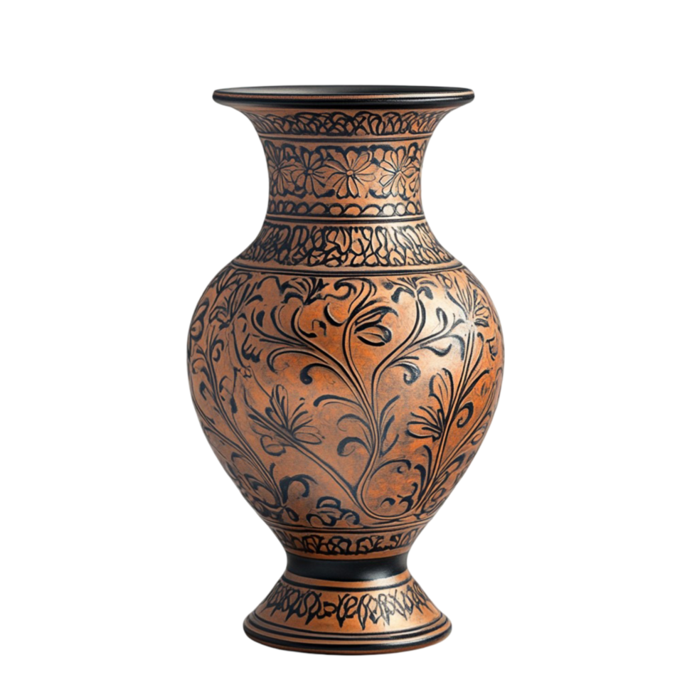 clay vase with intricate black floral patterns on a brown surface png