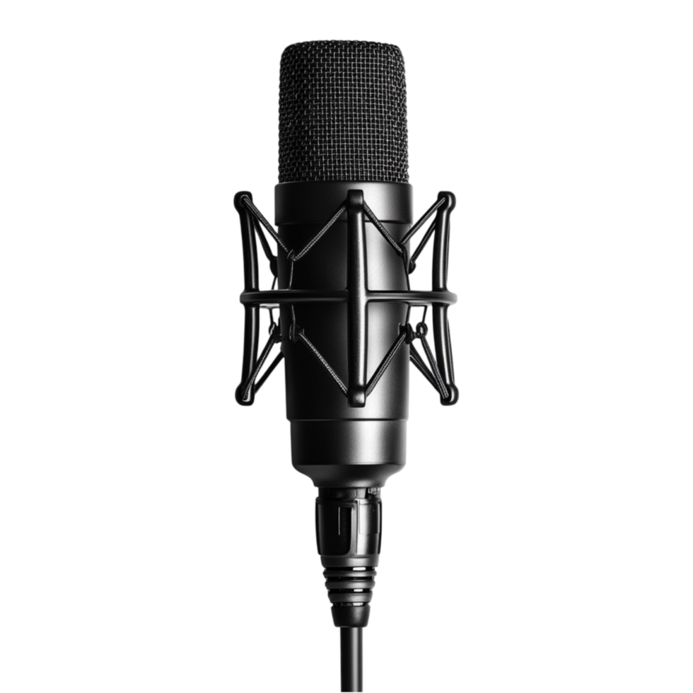 Professional black microphone with a metal grille mounted on a shock absorber stand png