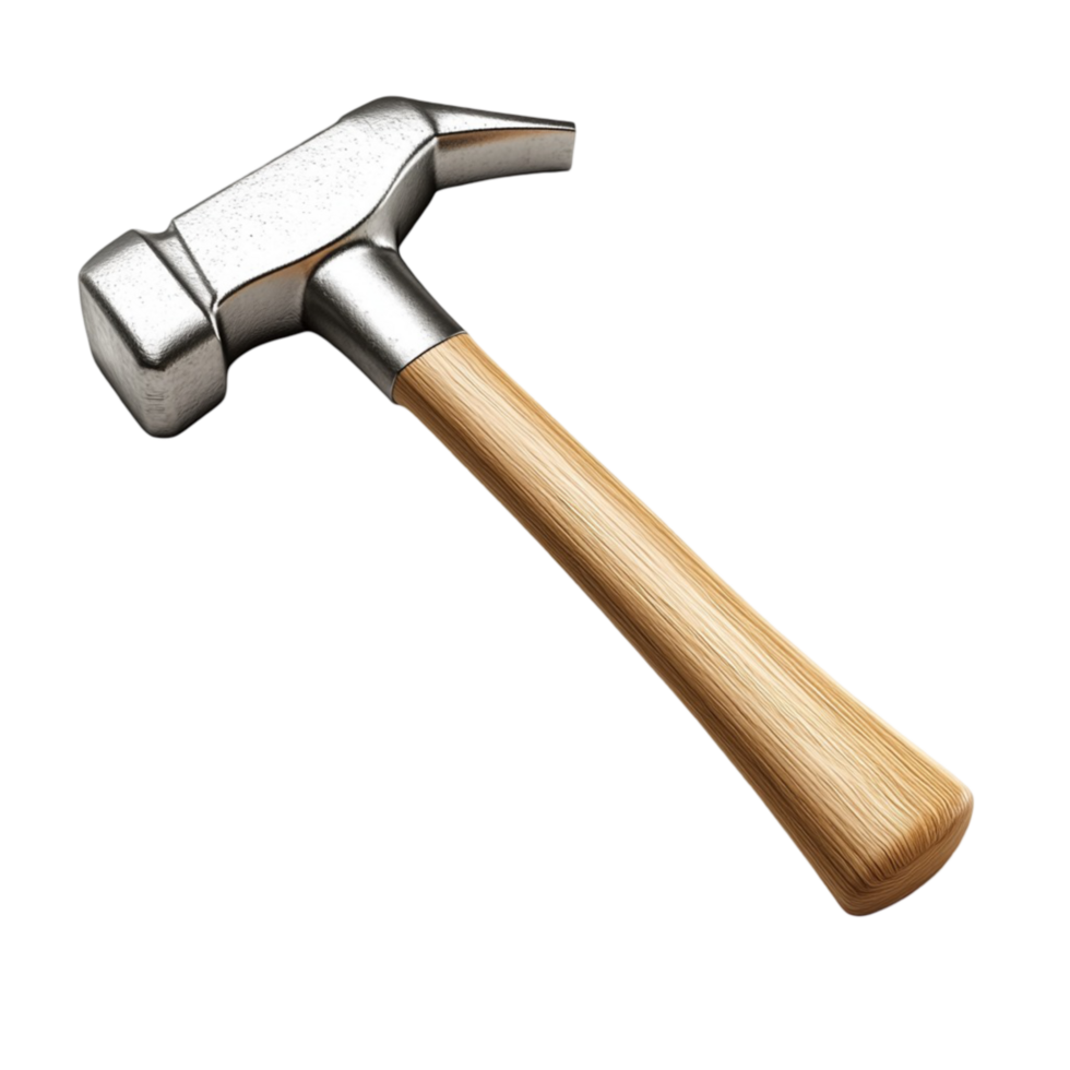 Metal hammer with a wooden handle and a flat head for driving nails into surfaces png