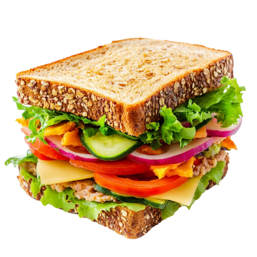 club sandwich with lettuce tomato cheese and layers of whole grain bread png