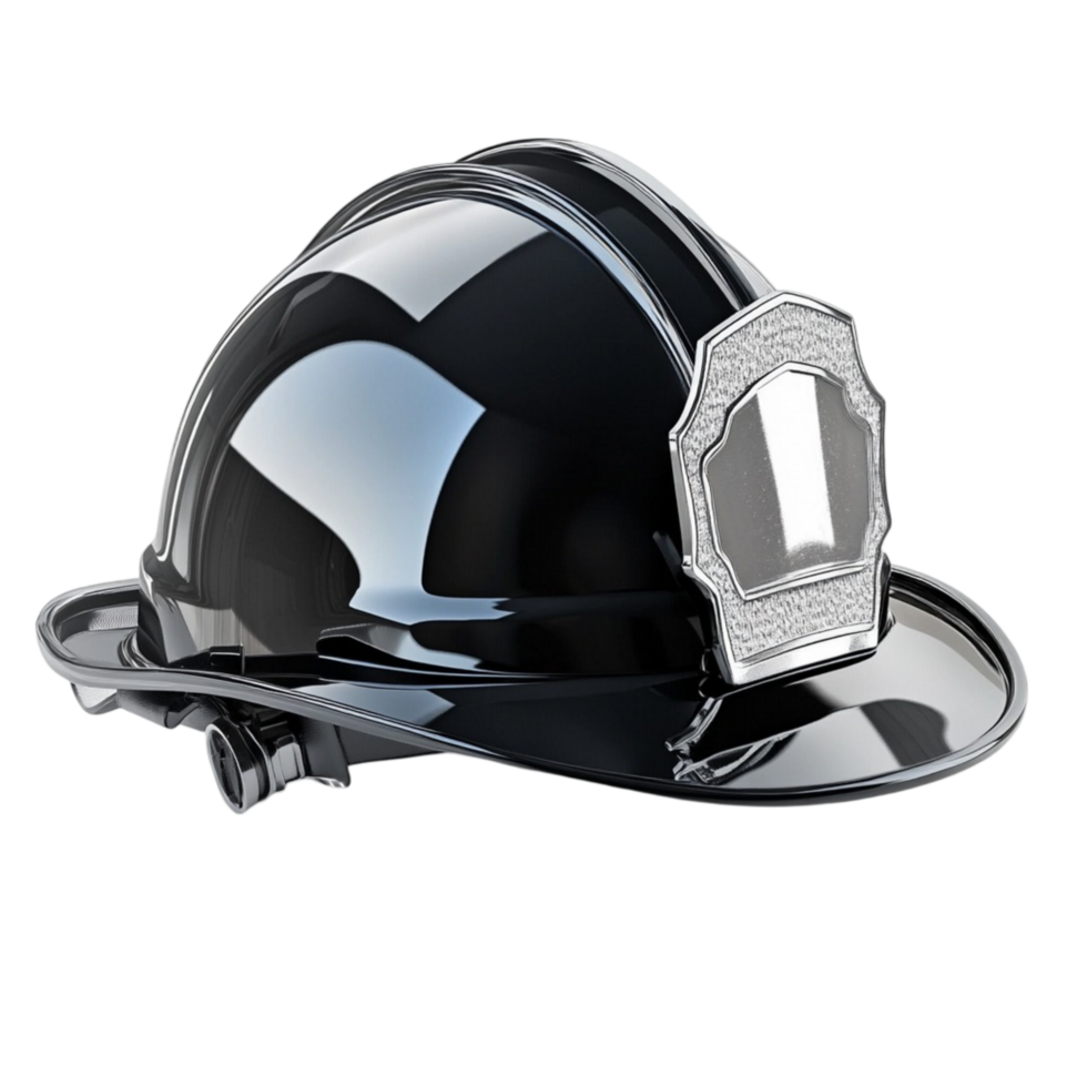 Shiny black firefighter helmet with a silver on the front png