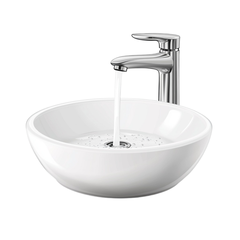 white ceramic sink with a sleek silver faucet running water png