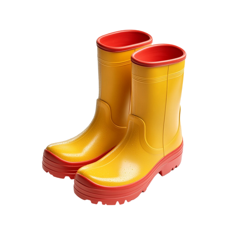 yellow rubber rain boots with red soles and a glossy finish png