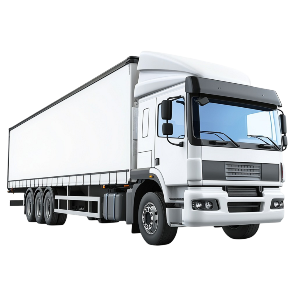 White delivery truck with a large cargo container and black tires on a plain png