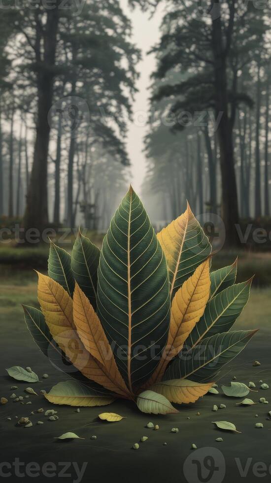 A leaf is sitting on the ground in the forest photo