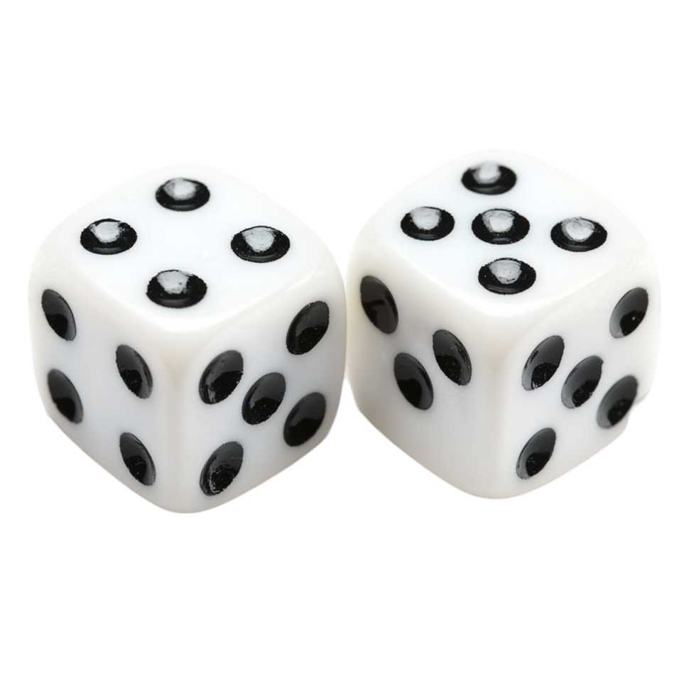 Two white six sided dice with black dots showing different number combinations png