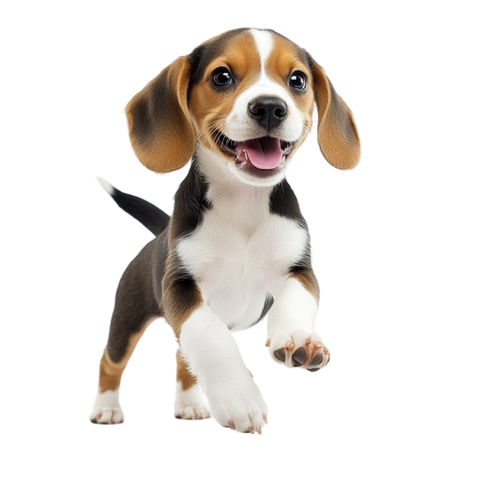 Happy beagle puppy with floppy ears and a wagging tail standing on a white png